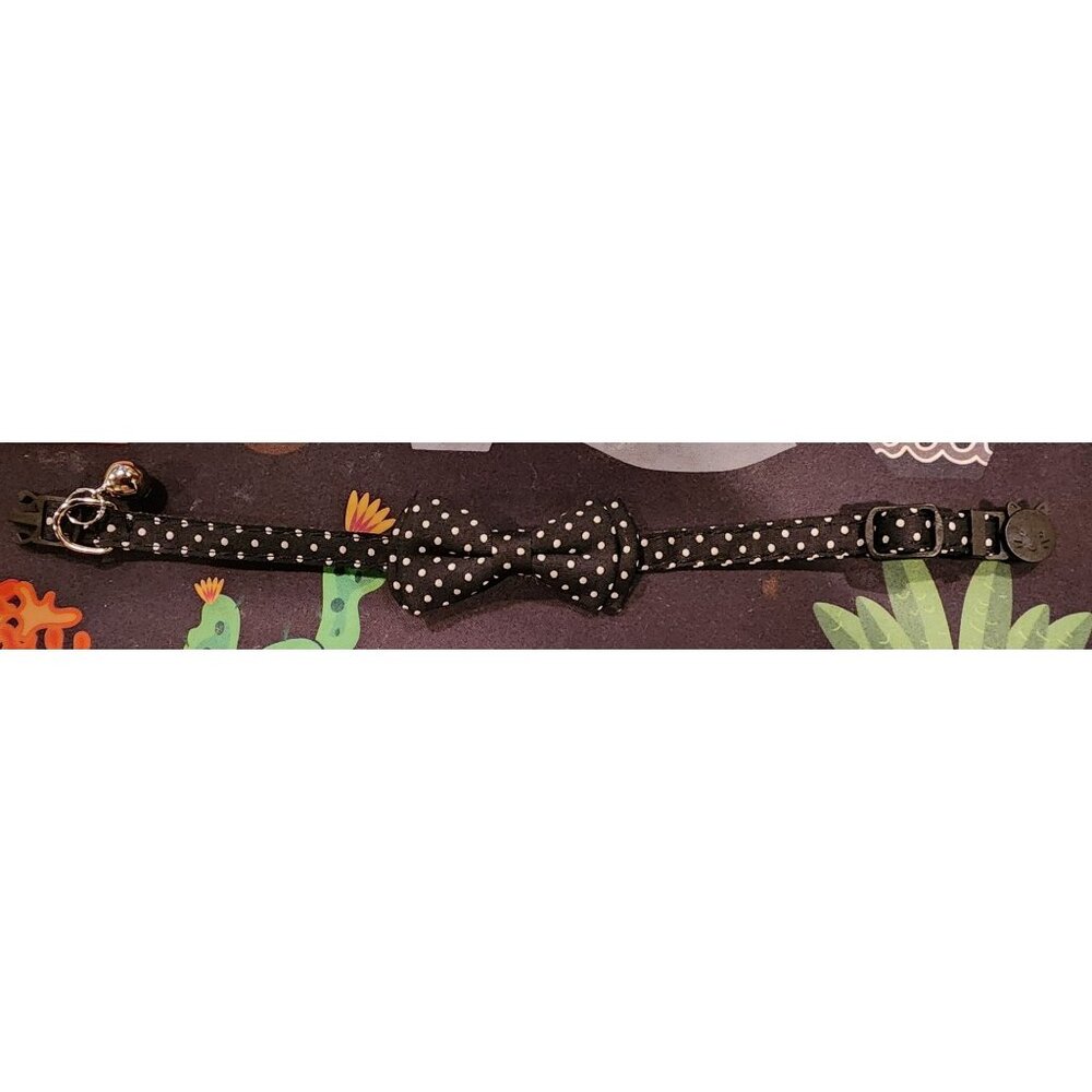 NEW Adjustable Black Polka Dot Cat Collar With Bow Tie & Bell For Cats Or Kitten